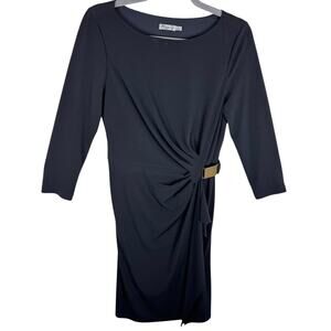 Eliza J Black 3/4 Sleeve Round Neck Ruched‎ Faux Wrap Knee Length Dress Size 8